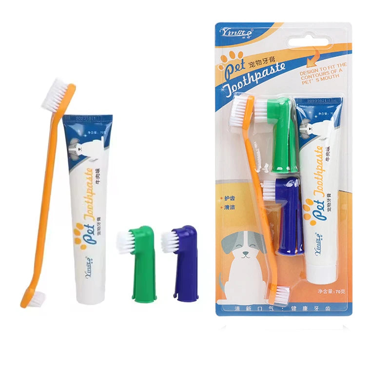4pcs Pet Toothbrushes and Toothpaste Set Oral Hygiene Kit Cats Dogs Teeth Cleaning Toothpaste Kit