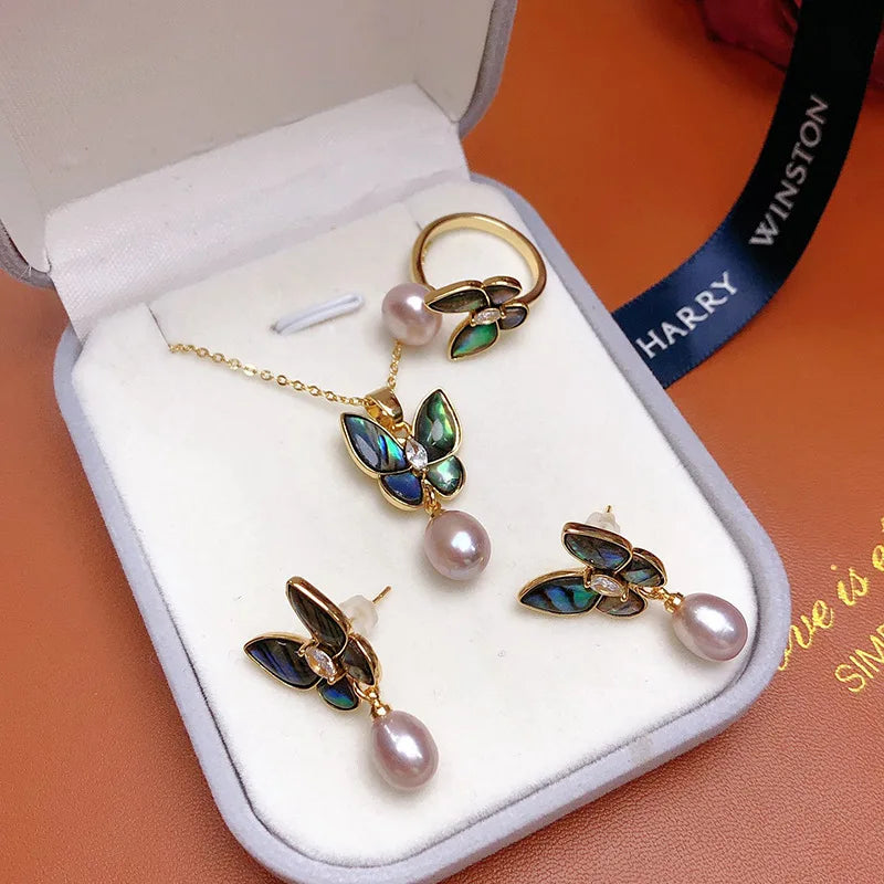 Fashion Jewelry Abalone Shellfish with Natural Pearl Butterfly Jewelry Set Alloy Material 18K Gold for Women