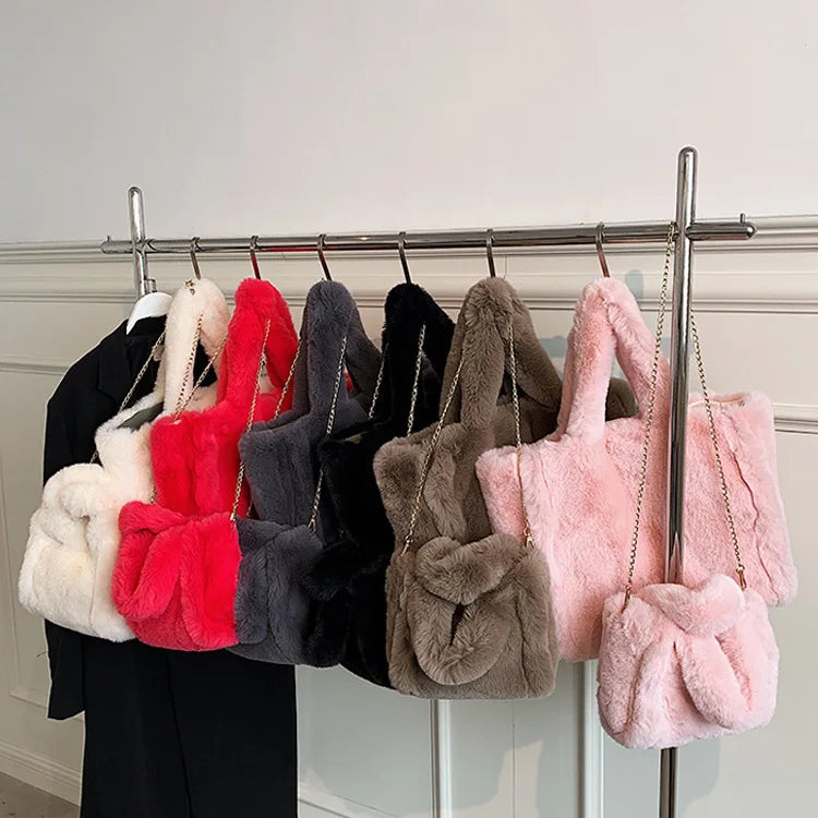 2025 Winter New Fur Bag Women Purse Fashion Large Capacity Messenger Ladies Big Recycle Tote Bag