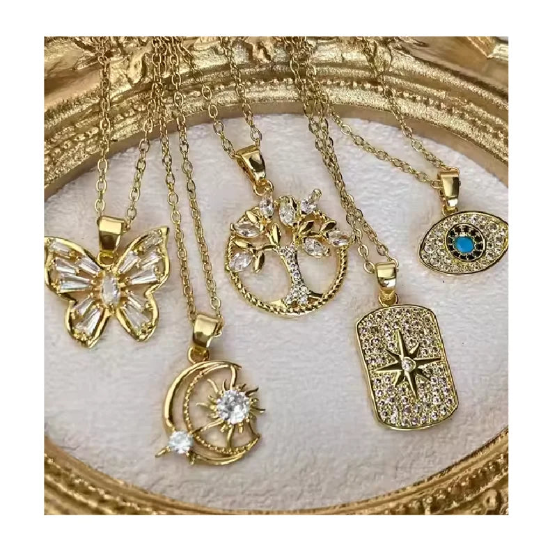 Fashion Jewelry Intital Fine Stainless Steel Sets Lucky Charm 18K Gold Pvd Plated Evil Eyes Butterfly Charm Necklace for Women