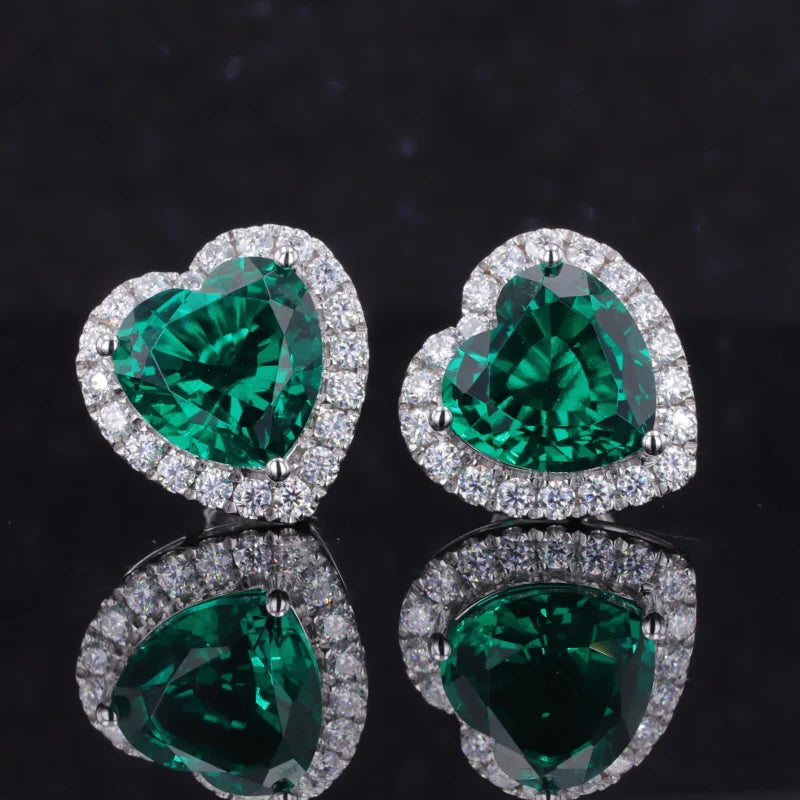 18K White Gold Heart Shape Colombian Color Earring Lab Emerald Studs