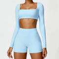 Custom Logo Women High Stretch Pilates Yoga Wear Long Sleeves Crop Top & Scrunch Butt Shorts Gym Fitness Sets