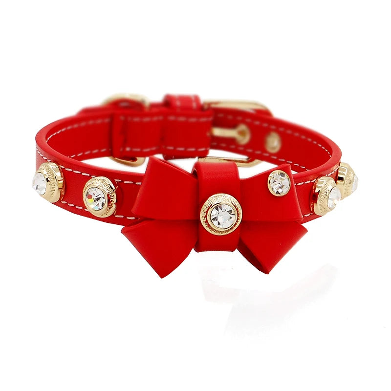 Premium Luxury Cow Leather Dog Collar with Personalized Bow Tie and Water Drill Decoration Multi-color Options for Dogs