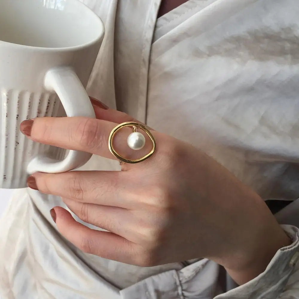 HOVANCI New Arrival Elegant Wedding Baroque Pearl Rings Real Gold Plated Pearl Ring Women Finger Jewelry