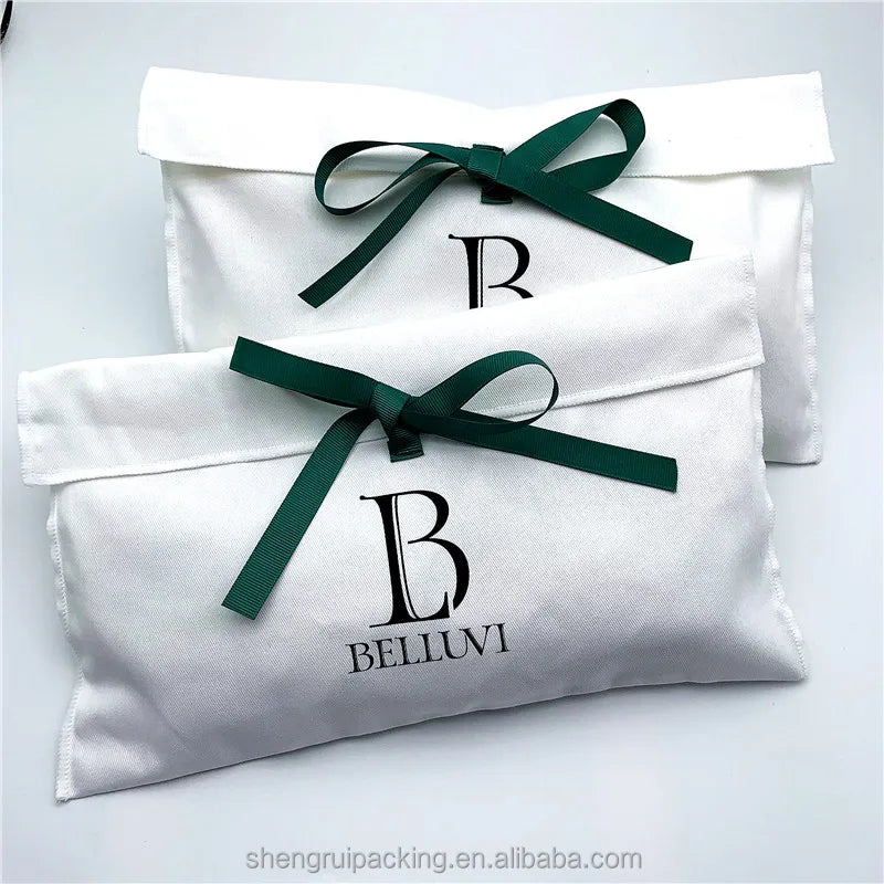 Beige White Brushed Cotton Twill Envelope Shoes Dust Bag With Tie Bow