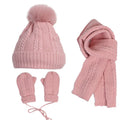 Custom logo Kids Warm Hat Fur Pompon Scarf Mittens 3 Sets Knitted Ribbed Scarf Hat Glove Sets