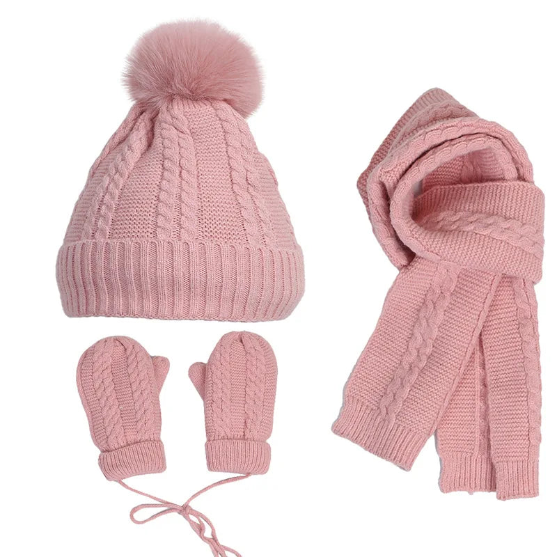 Custom logo Kids Warm Hat Fur Pompon Scarf Mittens 3 Sets Knitted Ribbed Scarf Hat Glove Sets