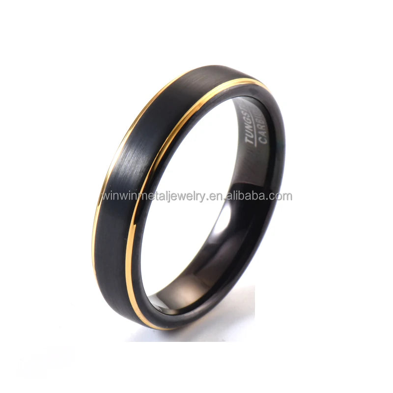 5mm Black Brushed Tungsten Ring Gold Step Edges Simple Domed Classic Engagement Wedding Band for Mens Parties Anniversaries