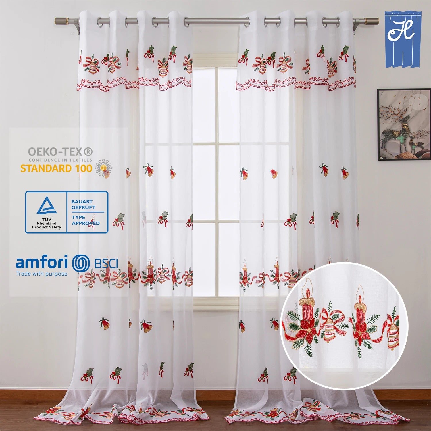 Wholesale Christmas Embroidered Sheer Tulle Curtains & Valances Xmas Window Decor with Lace Edge for Living Room