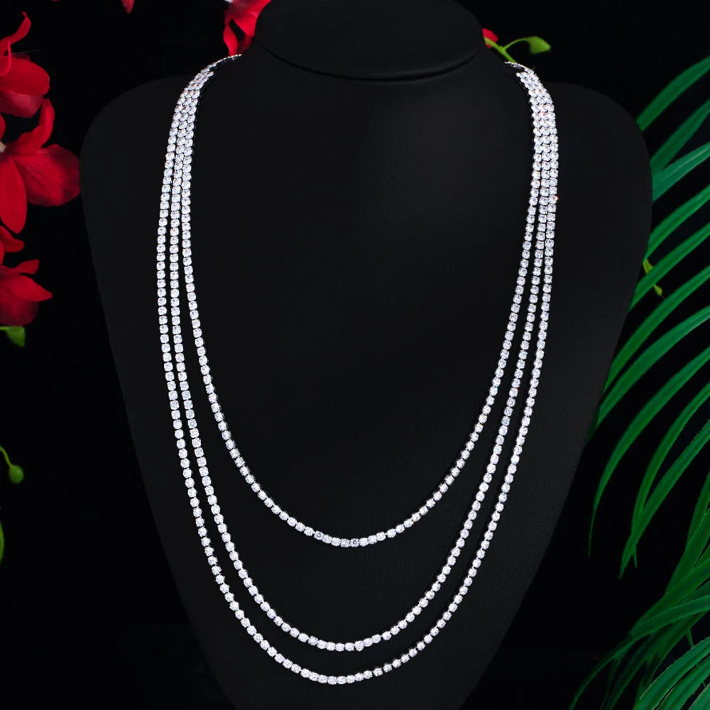 Sparkling Multi Layered Round Cubic Zirconia Big Long Chain Tennis Necklace for Women Wedding Party Costume Hip Hop Jewelry
