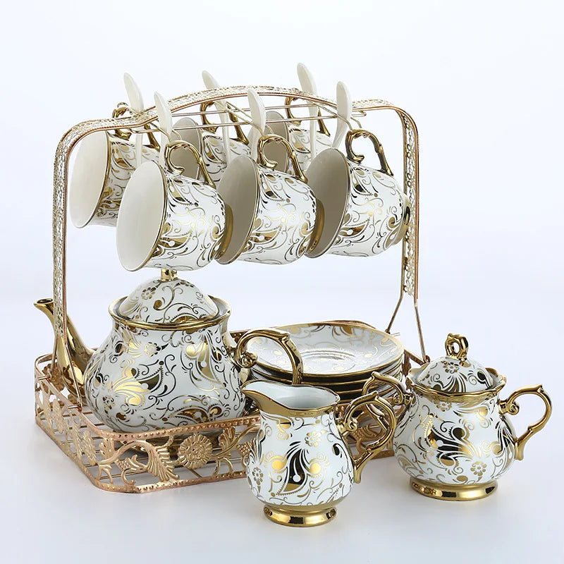 European Gold Rim Ceramic Coffee Set with Teapot Milk Pot  Sugar Pot Gift Box