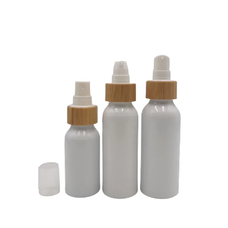 White Metal Aluminum Bottle 30ml 50ml 60ml 80ml 100ml Wooden Bamboo Collar Mist Spray Lotion Pump Cosmetic Packaging Container