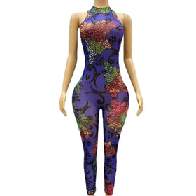 Monos Mujer Sexy Sleeveless Floral Rompers Club Pole Dance Wear Bodycon One Piece Bodysuit Plus Size Women Rhinestone Jumpsuit
