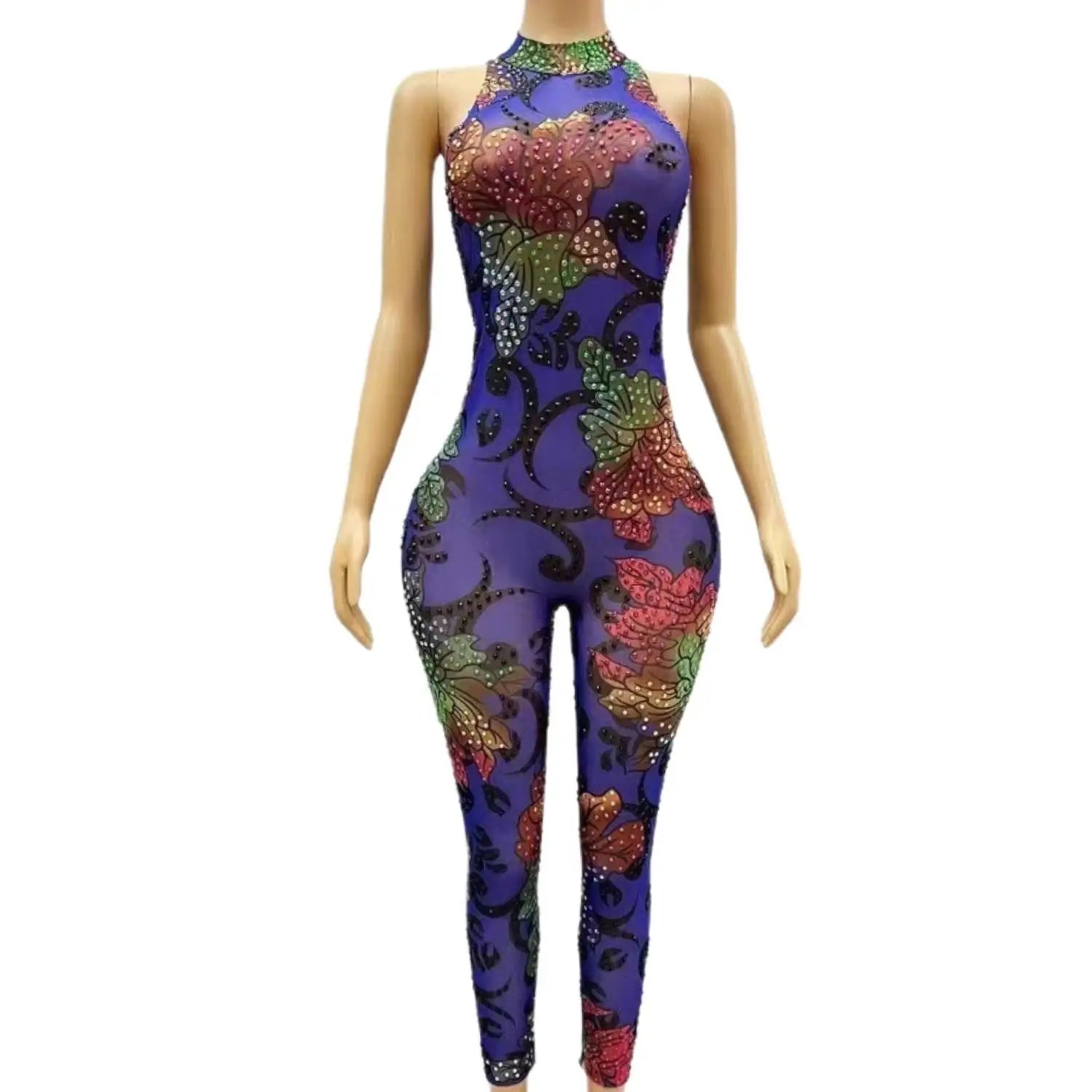 Monos Mujer Sexy Sleeveless Floral Rompers Club Pole Dance Wear Bodycon One Piece Bodysuit Plus Size Women Rhinestone Jumpsuit
