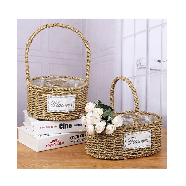 Wholesale Woven Weave Girls Ladies Deco Crafts Trading Flower Seagrass Basket 4 Inch Candle Holder with Handle