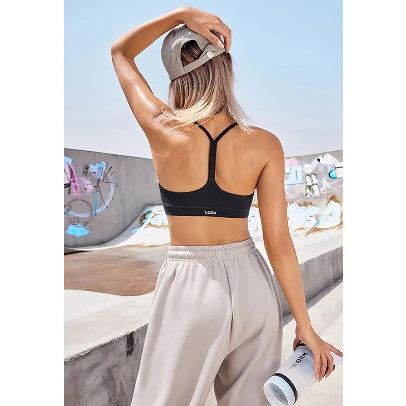 Women Black Spaghetti Strap Crop Sports Bra Racerback Slim Fit Stretchy Wide Band Casual Daily Yoga Gym Workout Activewear Top