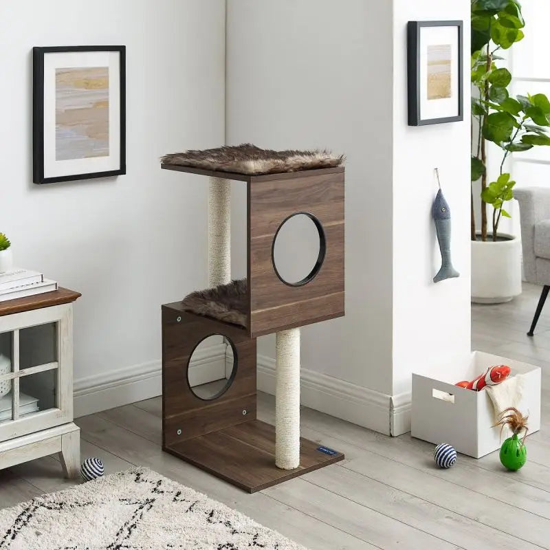 Modern Multi-Level Cat Tower Tall Gray Wood Cat Tree for Pets Floor to Ceiling Design by CNLF Carton Packing