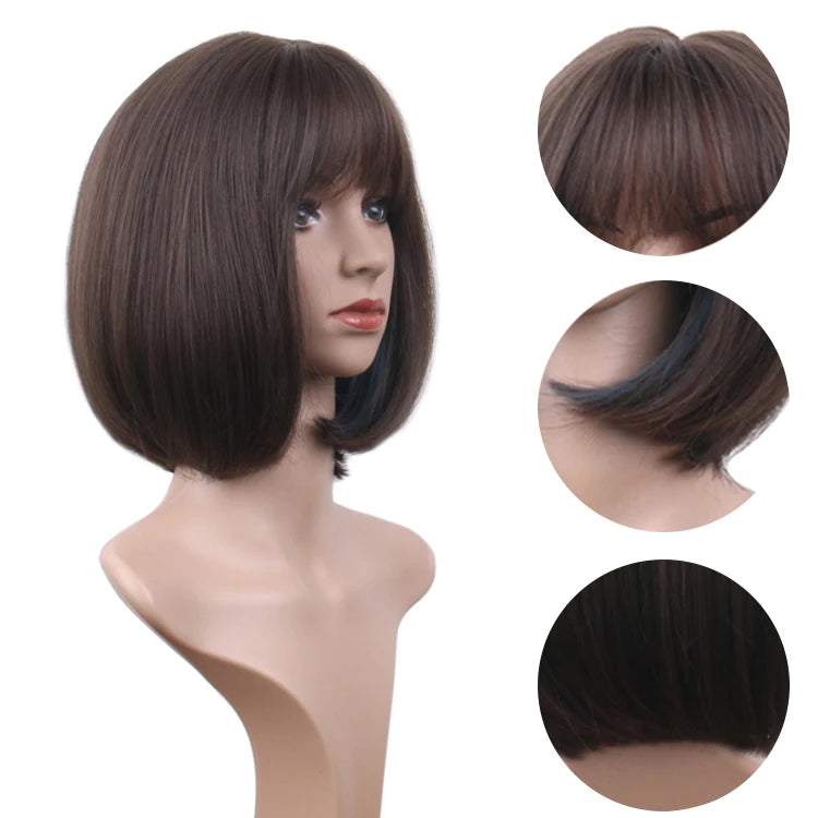 Premium Short Bob Wig With Bangs 14 Inch Synthetic Heat Resistant Straight Soft Fiber Women Natural Fashion