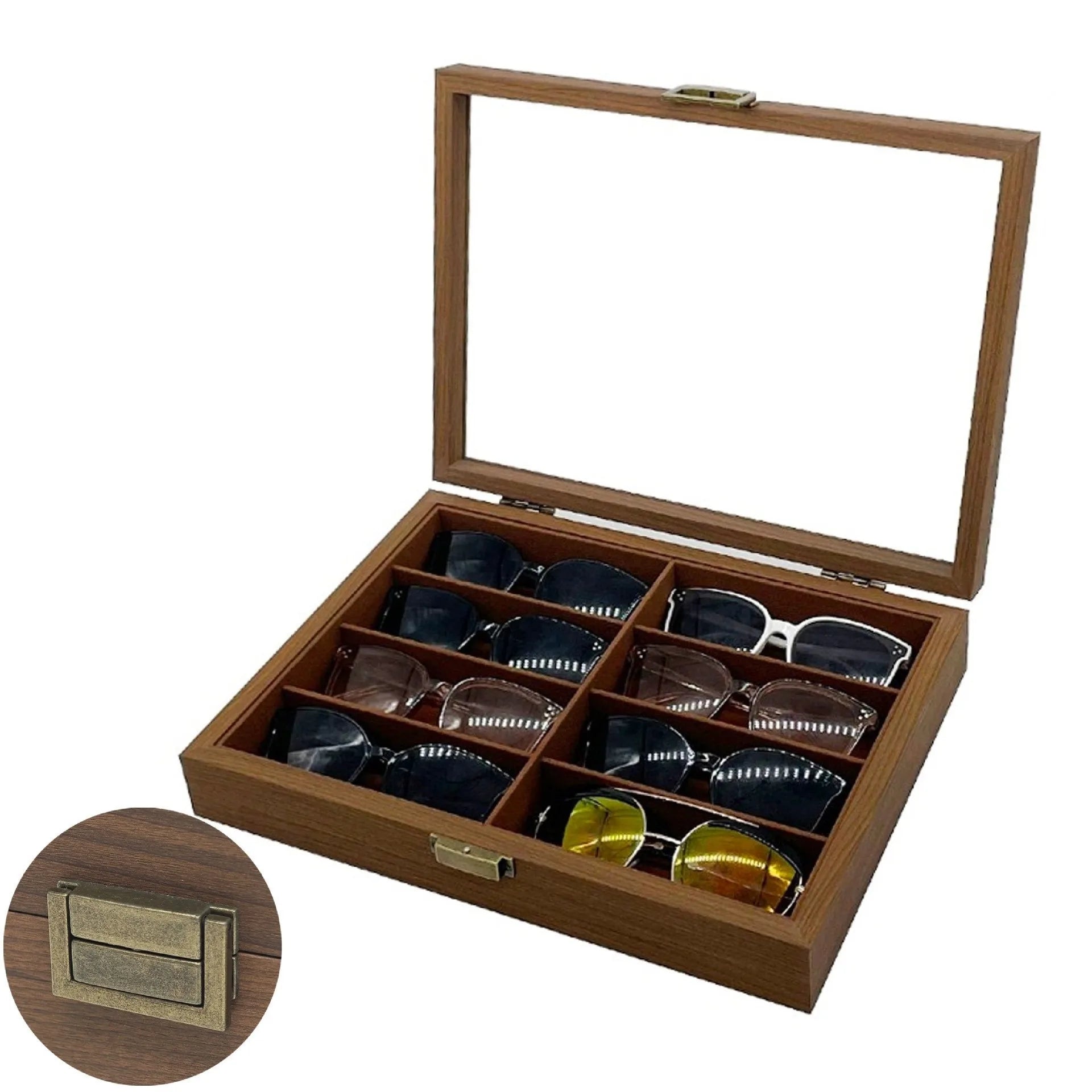 Brown Walnut 8 Protective PU Leather Display Box for Optical Sunglasses Eyewear Case Organizer for Optics Storage and Use