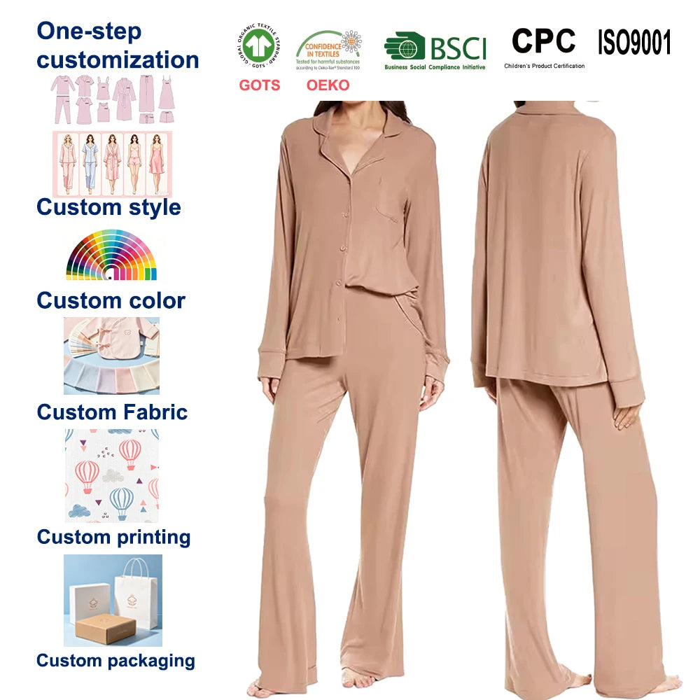 2026 Luxury Custom Eco Friendly Bamboo Women Sleepwear Soft Knit Long Top & Pants Silk Cotton Loungewear Women Pajamas Sets