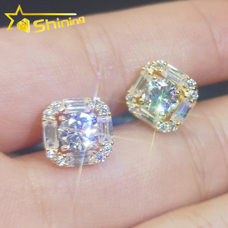 Shining Jewelry Hiphop Stud Earrings Gold Plated Screw Back Real Round Cut Moissanite Earrings Men