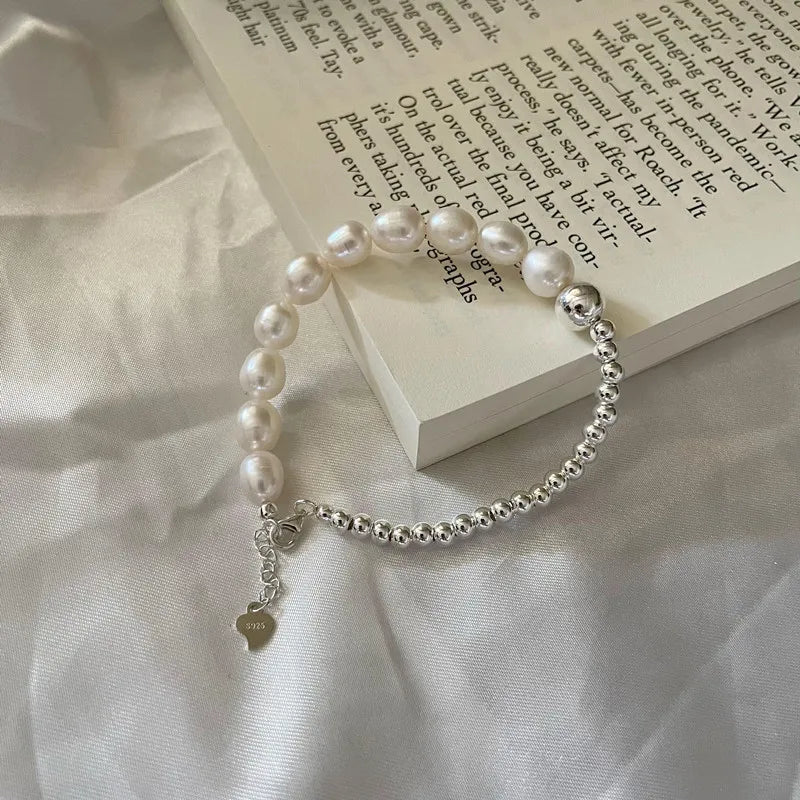 Handmade 925 Sterling Silver Freshwater Pearl Round Beaded Bracelet Women Fine Jewelry