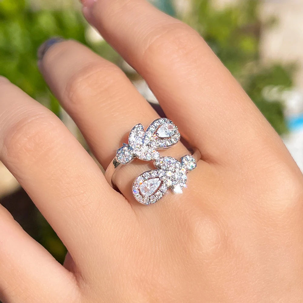 Bright White Cubic Zircon Leaf Shaped Adjusted Open Rings for Women Wedding Party Bridal Luxury CZ Hand Jewelry Gift