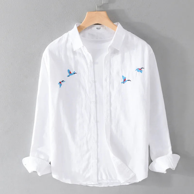 RNSHANGER New Long Sleeve White Shirts Men Spring Summer Daily Casual Cotton Linen Shirt Breathable Chinese Embroidery Shirt