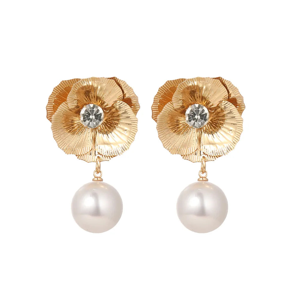 New Arrivals Gold Plated Rhinestone Flower Stud Earrings Pearl Round Drop Earrings for Women Gift