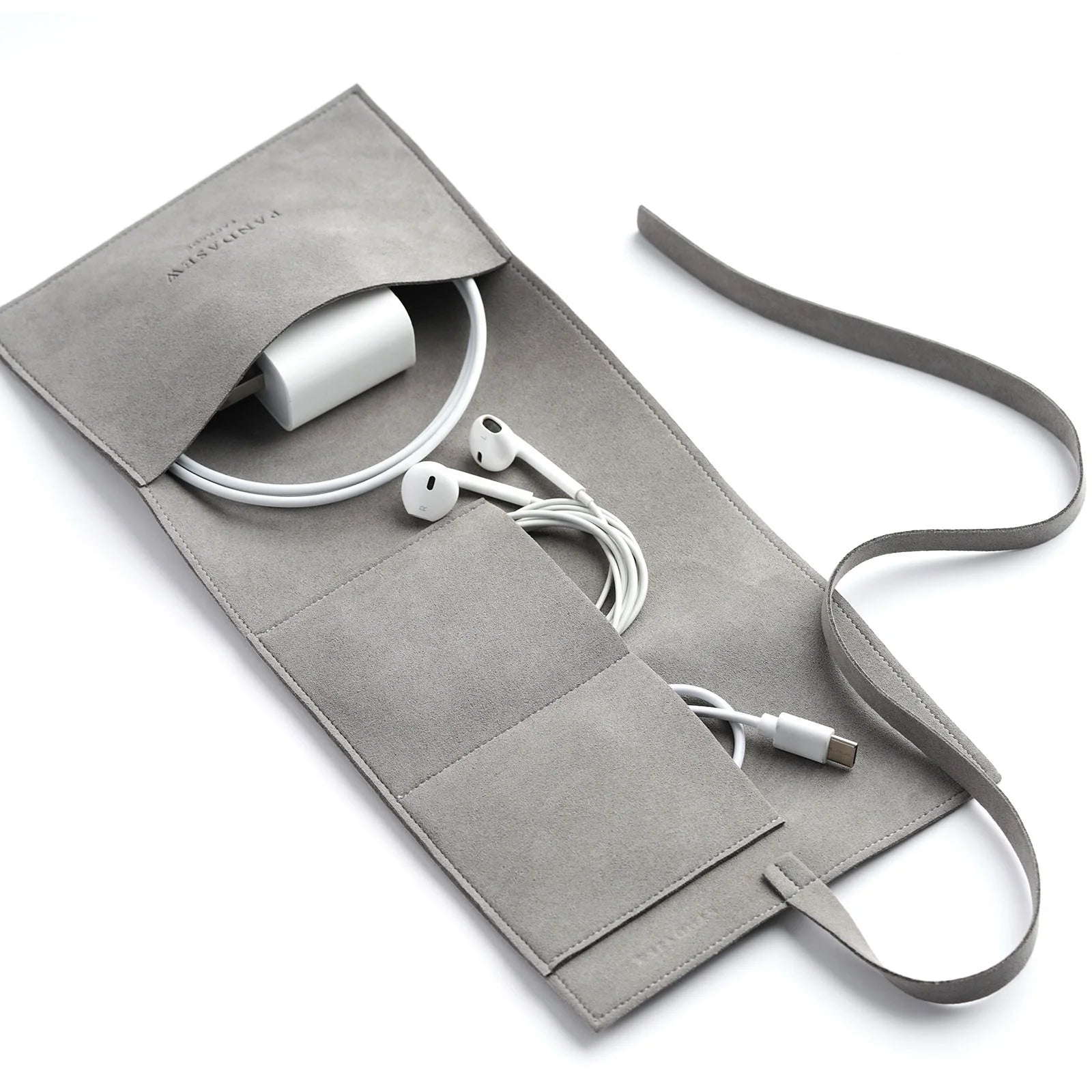 PandaSew Custom Logo Luxury 14mm Microfiber USB Cable Charger Organizer Case Roll up Pouch Cord Bag Travel Accessories