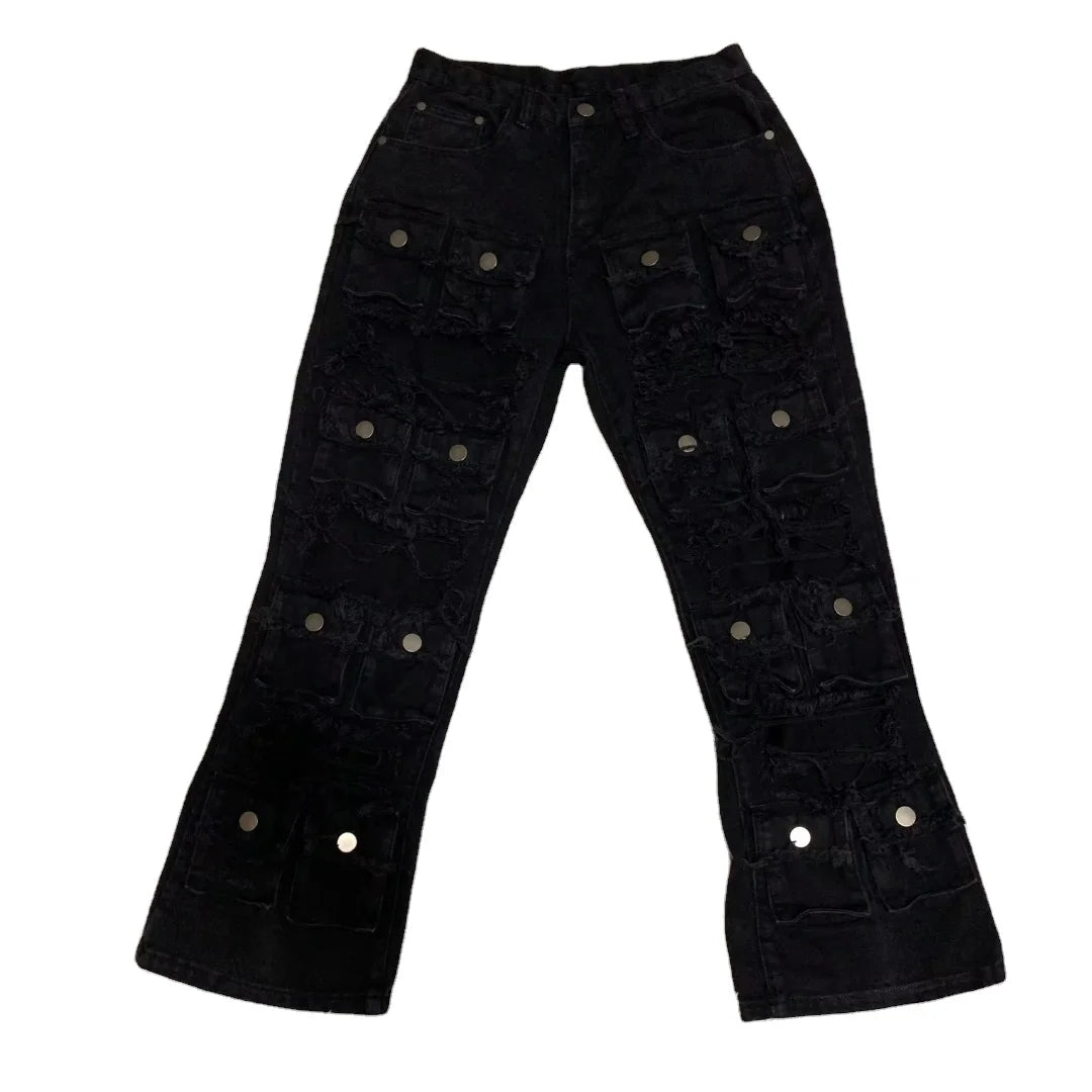 DENIMGUYS Men's Jeans Street Wear Hip Hop Vintage Denim Ripped Men Flared Distressing Stacked Denim Pants Jeans