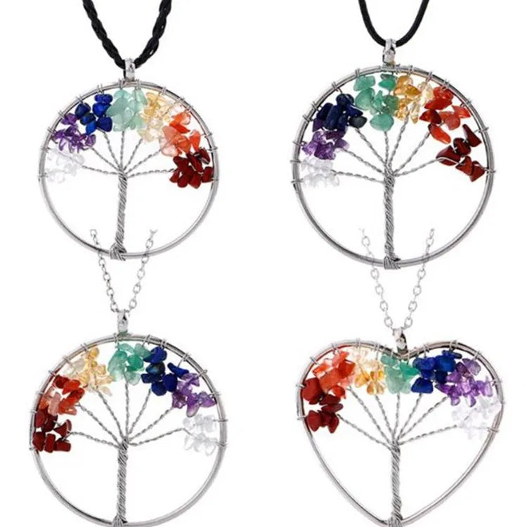 Silver Tree of Life Chakra Jewelry Pendants Amethyst Rose Chakra Crystal Gemstone Necklace