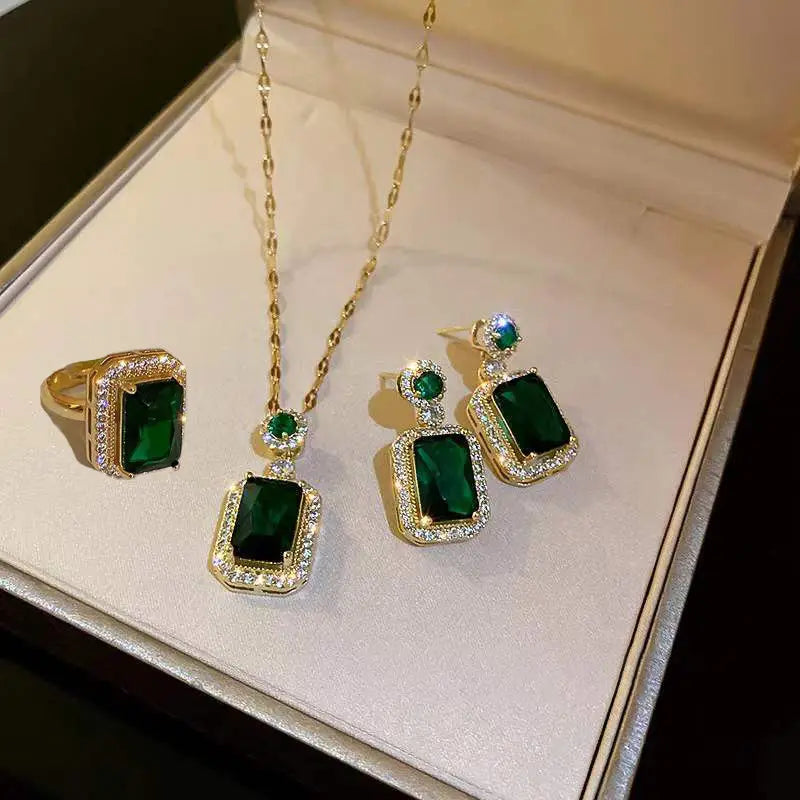 Luxury Gold Plated Gemstone Crystal Necklace and Emerald Pendant Jewelry Set for Women and Girls for Weddings
