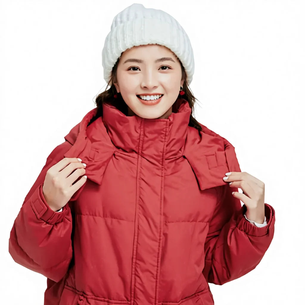 Winter New Red Hooded Long Female Waterproof Sequined Feathers Down Jacket