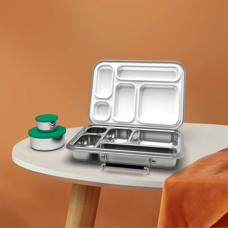 Aohea Eco-friendly 5 Compartments Stainless Steel Bento Lunch Box for Adults and Kids with Food Jar Container