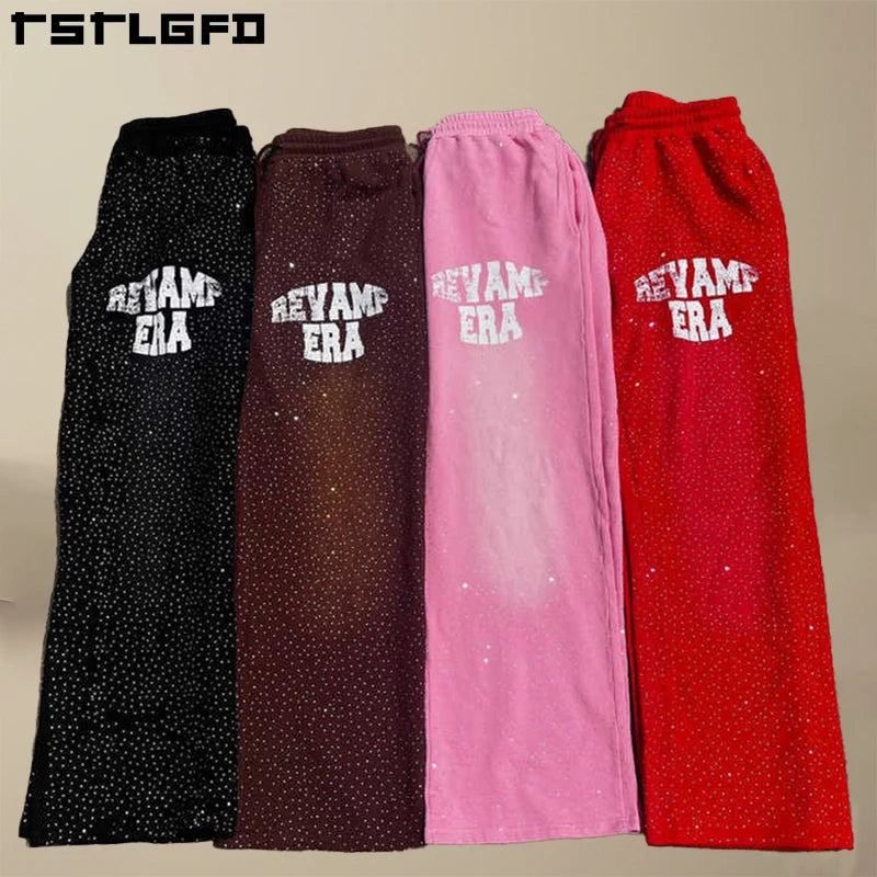 Vintage Custom Sweats 100% Cotton Sun Faded Acid Wash Jogger Stacked Wide Leg Pants Men Rhinestone Flare Sweatpants Men