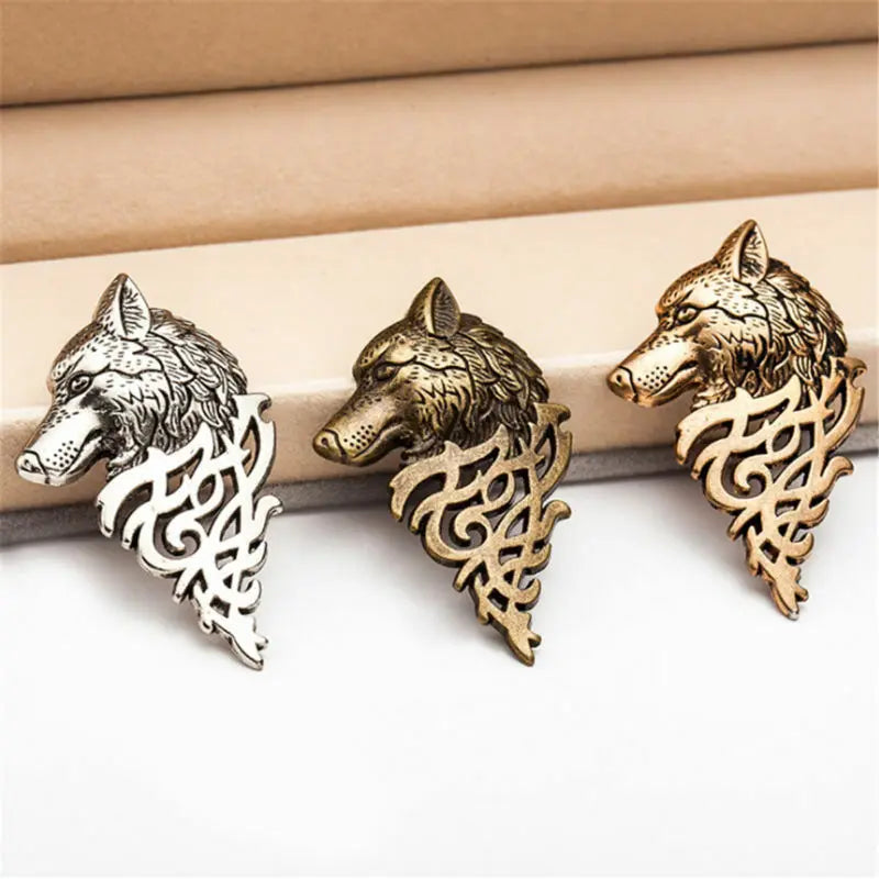 Vintage Wolf Head Men Suit Tie Pin Brooch with Celtic Design Viking Tribal Badge Jewelry Gift
