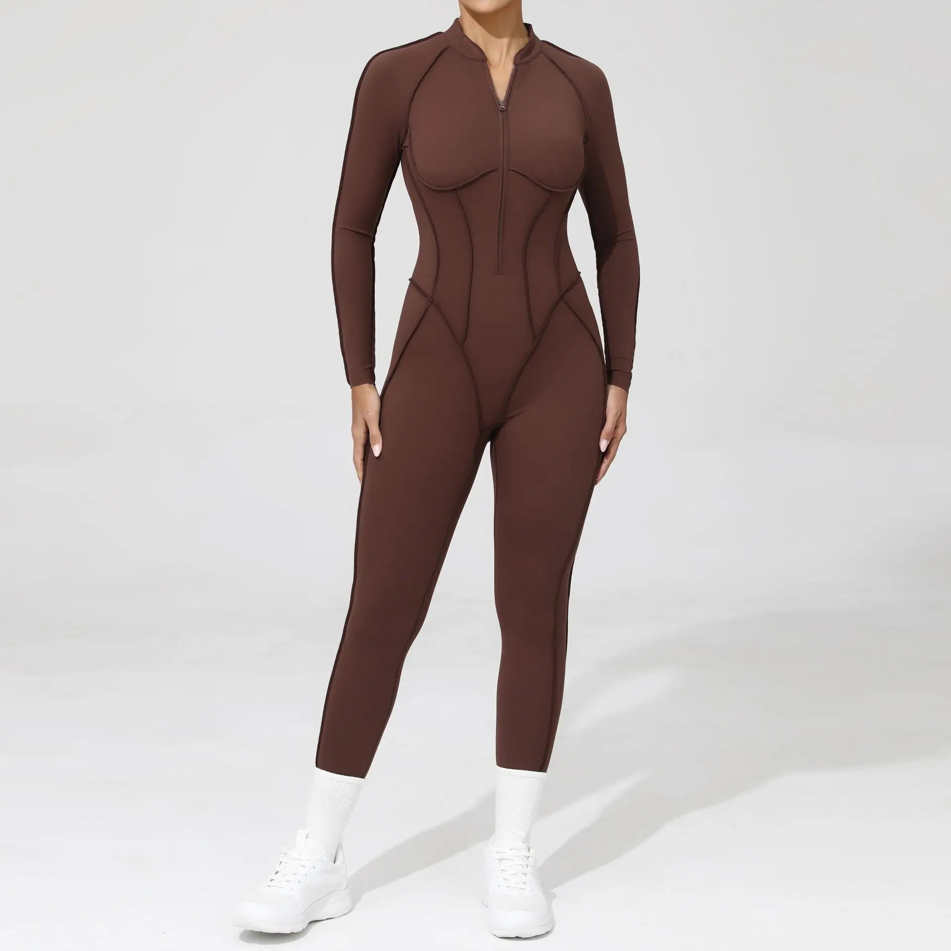 Women's Backless Tight Sports Bodysuit 25633 Long-Sleeved Fitness Yoga Bodysuit Half Zipper Outer Wearing Outer Wearing