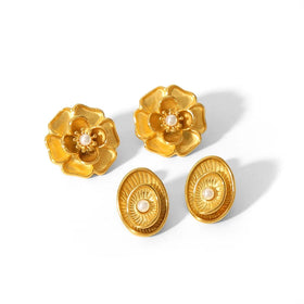 Nabest Vintage French 18k Gold Plated Stud Earrings Non-Tarnish Imitation Pearl Flower Waterproof Stainless Steel for Women