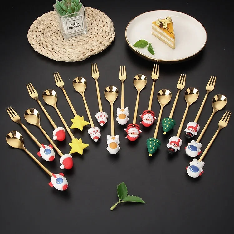 Wholesale Cute Santa Claus Doll Dessert Coffee Spoon Set Fork Creative Tableware Stainless Steel Cutlery Christmas Wedding Gift