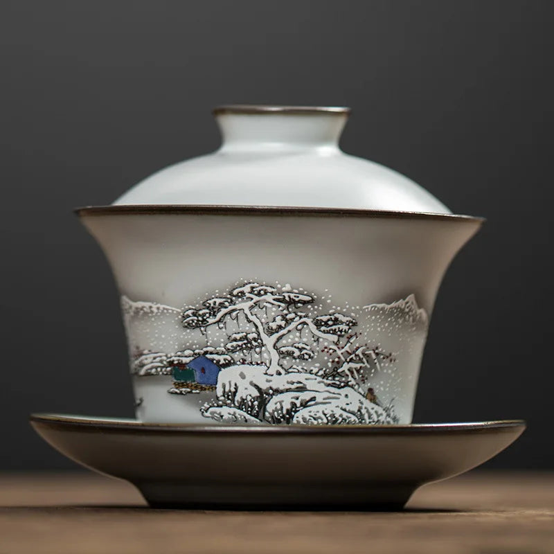 Ru Ware Antique Kung Fu Tea Cup Gaiwan Tureen Single Tea Graced Glaze Simple Home Supportable Ceramic Coffee & Tea Set