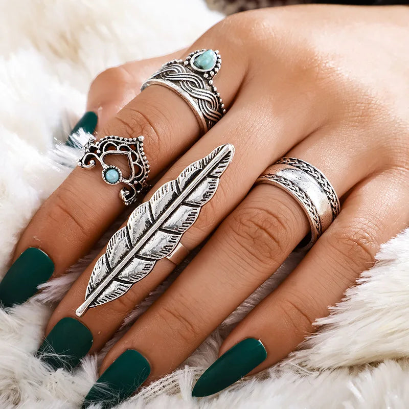European And American Retro Style 4pcs Set Leaf Diamond Multi-piece Ring Geometric Hollow Carved Ring