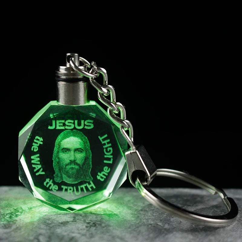 Wholesale Cheap Religious Christian Gift Crystal Glass Jesus Engraved LED Key Chain Religious Gift