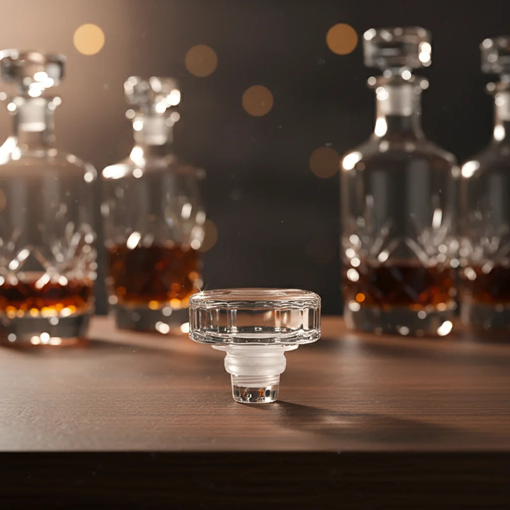 Dexi Crystal Premium Glass Wine Bottle Stopper 100mL Custom Logo White Non-Spill Ribbed Cap 40mm/46mm Anti-Dust for Whisky