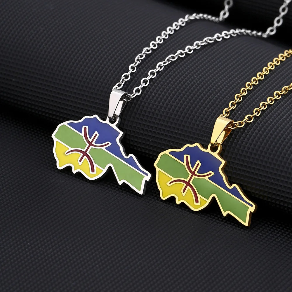 18K Gold Africa Map Berber Sign Pendant Necklace for Men and Women Stainless Steel Gold Amazigh Pendant Link Chain Necklace