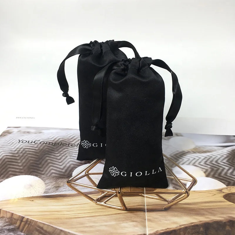 Custom Velvet Black Gift Dust Drawstring Bag Candy Jewelry Packaging Hair Contaiiner Pouch With Black Ribbon