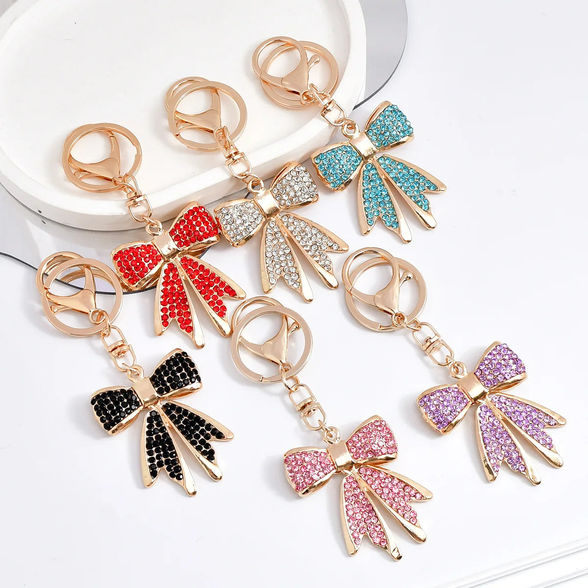 Bow Tie Keychain Bling Rhinestone Crystal Pendant Kawaii Pink Ribbon Keyring Cute Glittering Gift for Girls