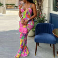 New Fashionable Women Sexy Suspender Dresses Floral Print Pleated Dresses Hollow Beach Dresses