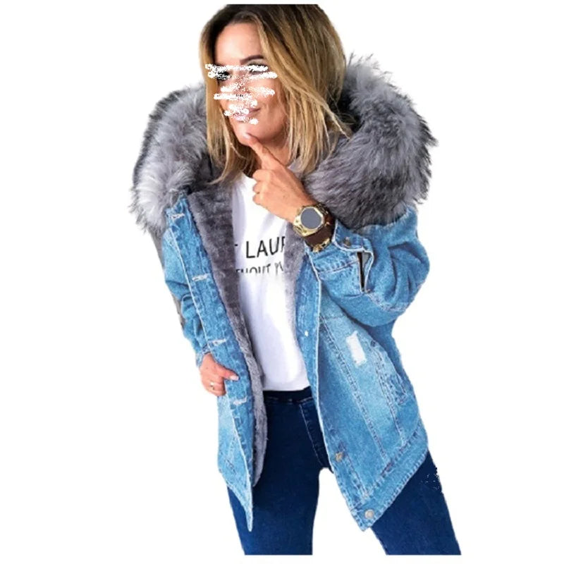 Jackets for Women Hooded Denim Jeans Jacket Winter Thick Warm Faux Fur Hoods Coats Ladies Oversized S-5XL Fall Vintage Coats