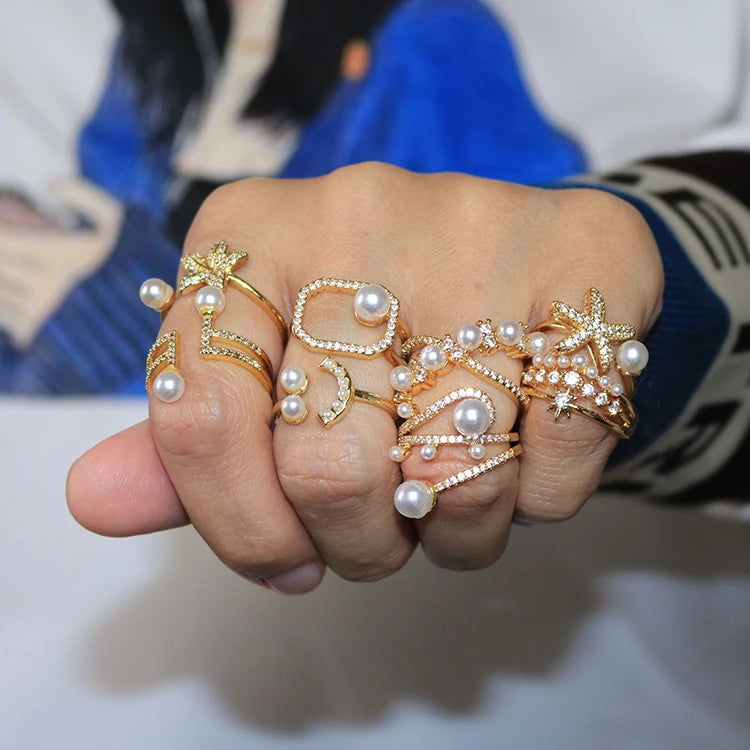 RM1406 Chic New Ladies' Multi-Colorful Rainbow White Pearl Rings Paved CZ for Parties Anniversaries-Christian Religious Type